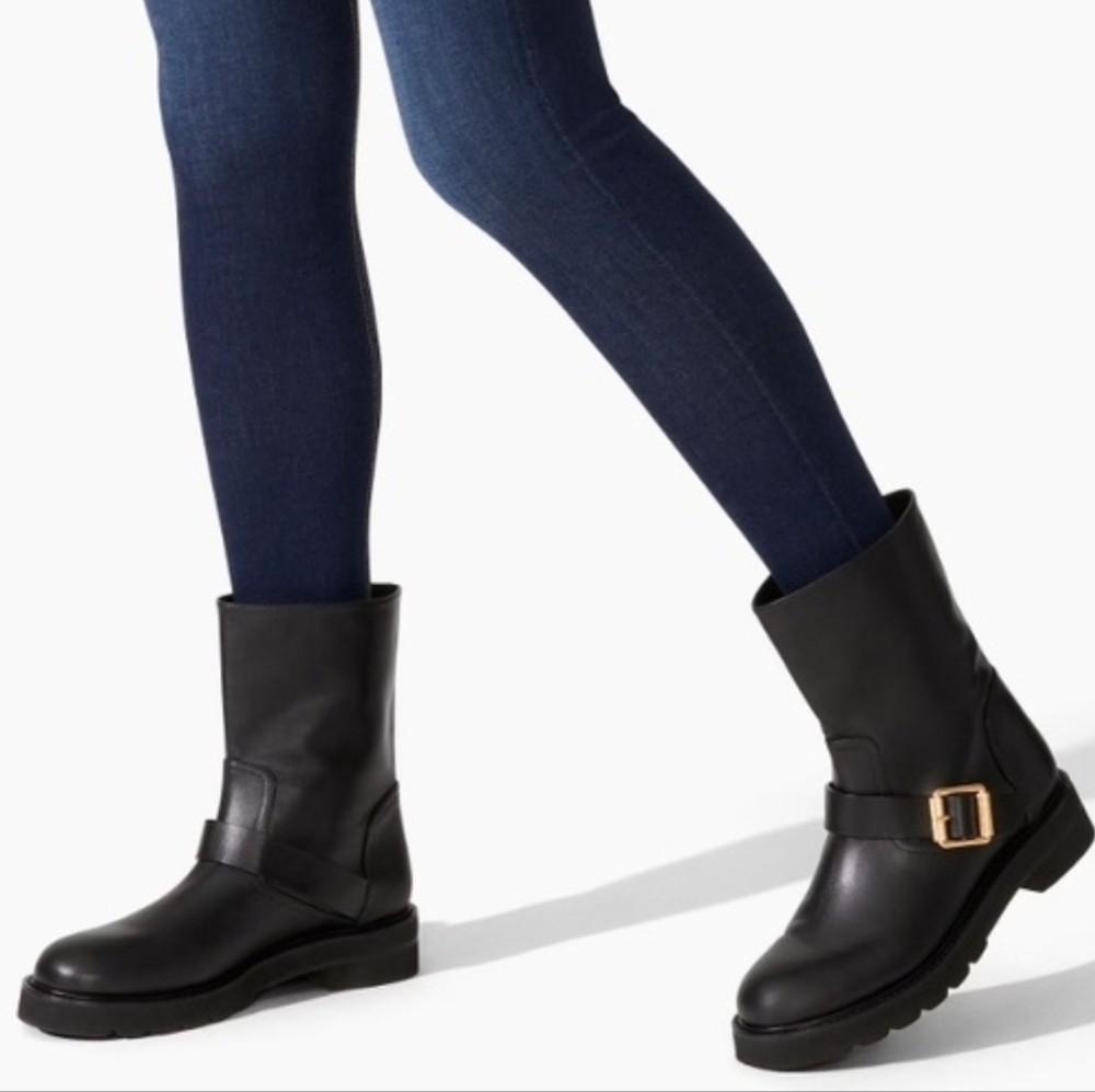 Stuart Weitzman NEW Black Combat Boots with Gold Buckle